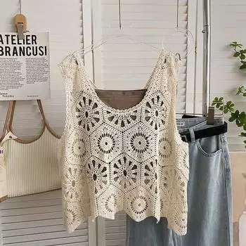 2023 Новый стиль ретро ажурный трикотажный жилет из хлопка для женщин - свободный и приталенный крой One Size чёрный
