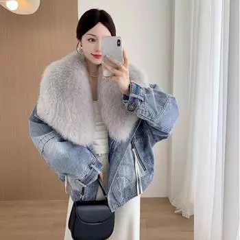 2023 Новый стиль, съемная джинсовая куртка из лисьего меха M серый