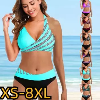 2023 Новый стиль, женские купальники в полоску с принтом, сексуальные костюмы бикини, женские купальники из двух предметов, летняя мода, свободное бикини, пляжная одежда S светло-зеленый