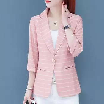 2023 Новый Весенне-Летний Тонкий Модный Повседневный Простой Блейзер Три Четверти с Накладным Карманом в Полоску, Универсальный Женский S розовый