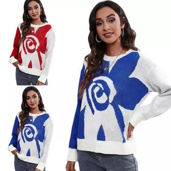 2023 Новый вязаный свитер с длинными рукавами и длинными рукавами с большим цветком, женский свободный топ S красный