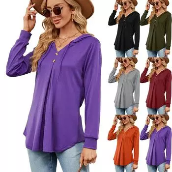 2023 осень и зима женская толстовка повседневная однотонная с v-образным вырезом и пуговицами, свободная толстовка с длинным рукавом и капюшоном S армия зеленый