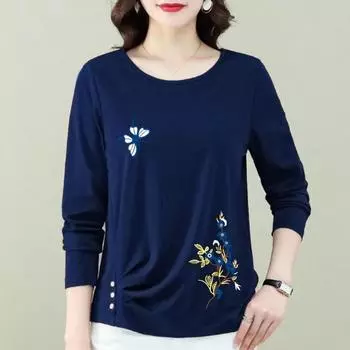 2023 Осень и зима Женский пуловер с круглым вырезом и принтом на пуговицах, свободная рубашка, модные повседневные топы с длинным рукавом L чёрный