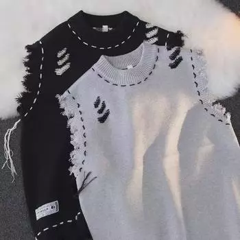 2023 Осень Мужской Уличный Потертый Необработанный Край Трикотажный Жилет Свитер L серый