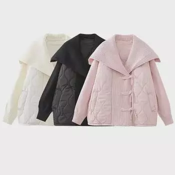 2023 Осень Повседневный свободный темно-синий трикотажный жакет с воротником Medium