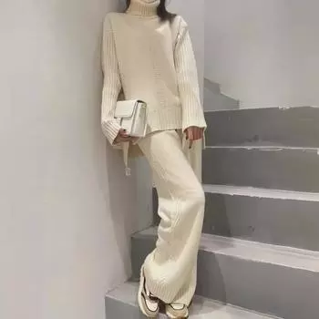 2023 Осень/Зима Европейский трикотажный свитер с высоким воротом и широкие брюки Модный женский костюм из двух частей One Size