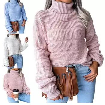 2023 Осень/Зима Модный повседневный вязаный свитер с высоким воротом и длинными рукавами S белый