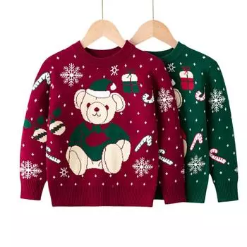 2025 Осень/Зима Новый Детский Рождественский Свитер Мультфильм Маленький Медведь Детский Пуловер Нижняя Вязаная Кофта 100 зелёный