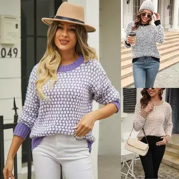 2023 осень/зима повседневный свитер женский трикотаж большого размера с круглым вырезом модный свитер с длинными рукавами S чёрный