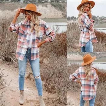 2023 осень-зима женская блузка клетчатая рубашка с длинным рукавом шерстяное пальто S