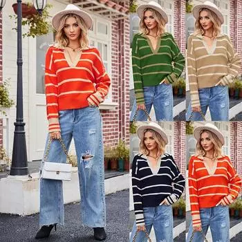 2023 осень/зима женская мода лоскутный полосатый свитер свободный свитер больших размеров с лацканами S