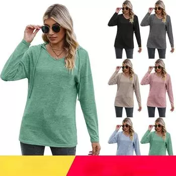 2023 Осень/зима женская однотонная повседневная базовая футболка с v-образным вырезом и капюшоном и длинными рукавами S зелёный