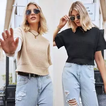 2023 осень/зима женская однотонная свободная повседневная футболка с круглым вырезом и рукавами с пятью точками размера плюс S