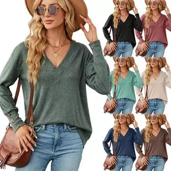 2023 Осень/Зима женская повседневная однотонная свободная футболка с v-образным вырезом и длинными рукавами на пуговицах Топ S чёрный