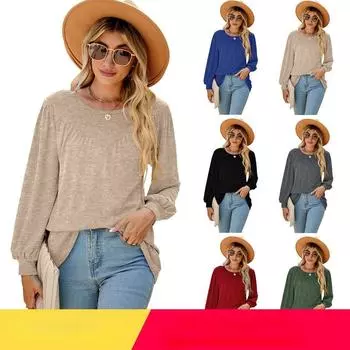 2023 Осень/зима женская свободная футболка с рукавом-фонариком и круглым вырезом, повседневный топ S абрикосовый