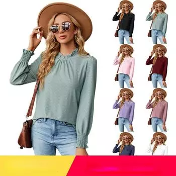 2023 осень/зима женская свободная плиссированная повседневная футболка с кружевным воротником и рукавами-фонариками S