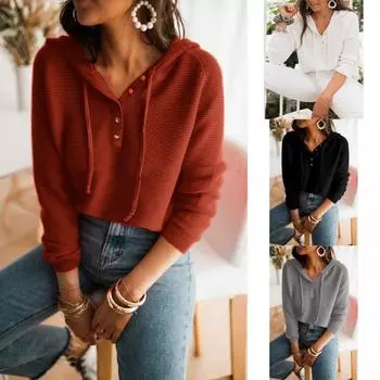 2023 осень/зима женский свободный вязаный свитер с капюшоном однотонный пуловер повседневная толстовка S белый