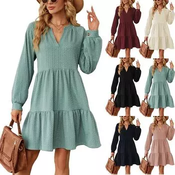 2023 Осень/зима женское повседневное однотонное свободное платье с v-образным вырезом и длинными рукавами S чёрный