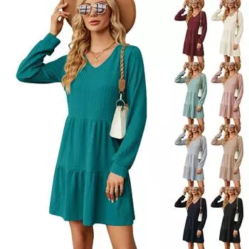 2023 Осень/зима женское повседневное однотонное свободное платье с v-образным вырезом и длинными рукавами S чёрный