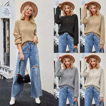 2023 осенне-зимний женский повседневный модный свитер с круглым вырезом, однотонный свободный пуловер, свитер S