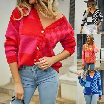 2023 осенне-зимний женский повседневный трикотаж, клетчатый свитер большого размера, вязаное пальто S чёрный