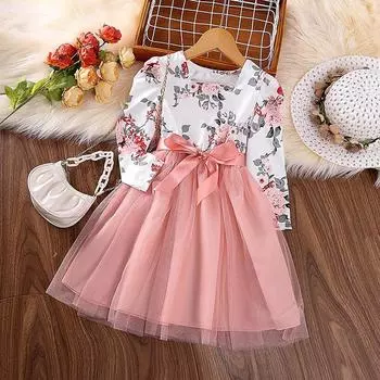 2023 Осеннее детское сетчатое платье принцессы с длинными рукавами, милое платье для девочек 4Y