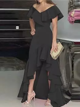 2023 Осеннее новое длинное платье с v-образным вырезом в европейском и американском стиле и рюшами по краю Элегантное платье нестандартной формы Вечернее платье S чёрный