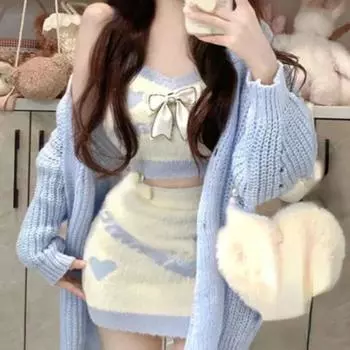 2023 Осенний сладкий комплект из 3 предметов, женский вечерний кардиган Y2k + офисная женская повседневная мини-юбка + тонкий жилет, корейский модный шик S синий