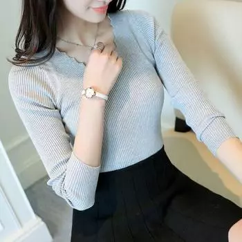 2023 Осенний свитер с длинными рукавами, женский зимний весенний пуловер, однотонный черный, белый вязаный свитер, топ с волнистым вырезом и v-образным вырезом, базовый офисный комплект P чёрный