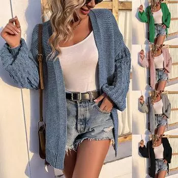 2023 Осенний свободный вязаный кардиган, куртка, женские свитера с длинными рукавами, пальто, женские зимние модные свободные повседневные теплые кардиганы 29380 S чёрный