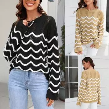 2023 Осенний женский повседневный трикотаж с длинными рукавами, ажурный пуловер, свободный свитер S чёрный