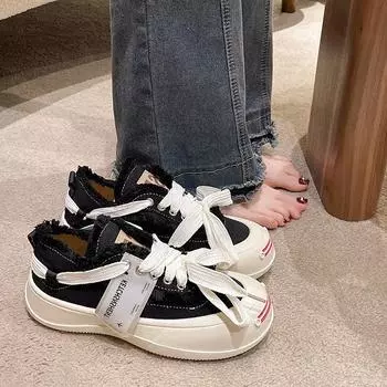 2024 Осенняя мода Круглая Голова Открытая Улыбка Холщовые Туфли Женские Толстая Подошва Повседневные Бордовые Туфли 35 чёрный