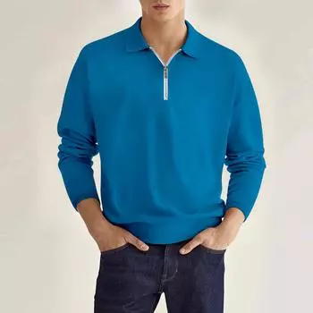 2023 Осенняя модная мужская рубашка-поло на молнии с длинным рукавом, однотонная мужская спортивная рубашка-поло с длинным рукавом S темно-синий