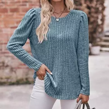 2023 Осенняя свободная футболка с рукавами-пузырьками в полоску, женская офисная повседневная рубашка с круглым вырезом, женский топ, однотонный элегантный топ 28653 S орион