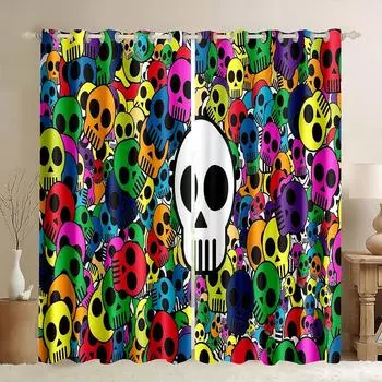2023 Personality 3D Printed Black Skull Thin Curtain for The Bedroom Custom Suitable for Decor Curtains Living Room 2pcs W50H60(CM)x2&Hook