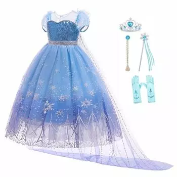 Платье принцессы для маленьких девочек, детский костюм Снежной королевы, платье с аксессуарами, косплей, день рождения, вечеринка, Хэллоуин, рождество, подарок 100(2-3 Years) синий