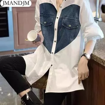 2023 Плюс Размер Весенний Стиль Блузка Лоскутная Джинсовая Повседневная Рубашка На Пуговицах Женская Свободная Рубашка С Длинным Рукавом