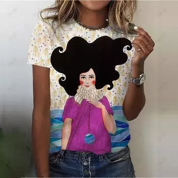 2023 Плюс Размер Женская Абстрактная Футболка Летняя Новая Портретная Круглый Вырез Базовая Футболка Цветная 3D Печать Женская Модная Футболка S