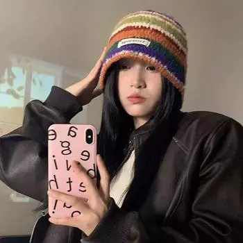 2023 Полосатая Радужная вязаная шапка осень-зима вязаные крючком панамы ручной работы для женщин вязаная шапка Franges теплые шапочки