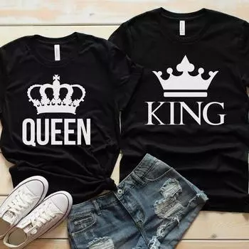 2023 Повседневная футболка для пар с принтом KING QUEEN, свободная футболка с короткими рукавами и круглым вырезом для влюбленных, женские и мужские топы S