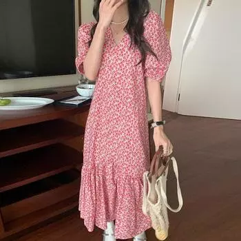 2023 повседневные шикарные вечерние платья, элегантное платье с рюшами и короткими рукавами для женщин, летнее милое свободное платье с v-образным вырезом и цветочным принтом 27303 M орион