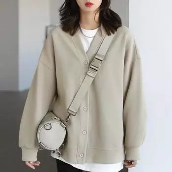 2023 Повседневный свободный кардиган с v-образным вырезом, женский офисный хлопковый пиджак с длинными рукавами, теплое пальто, осенне-зимняя модная одежда 29488 M чёрный