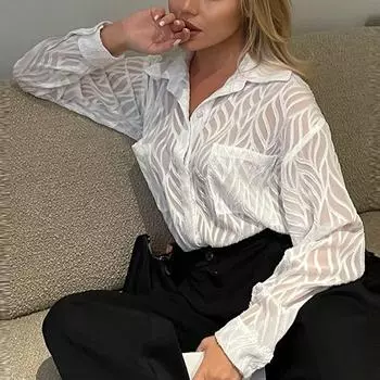 2023 прозрачная белая рубашка с лацканами, модная женская повседневная офисная свободная с карманами простая блузка, осенние элегантные топы с длинными рукавами 29077 S белый