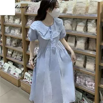 2023 японское летнее женское синее платье-рубашка Mori Girl с воротником «Питер Пэн», свободное платье с вышивкой, элегантное платье с короткими рукавами и шнуровкой