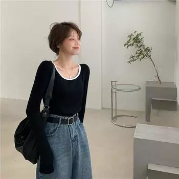 2023 Ранняя осень Узкая женская футболка с длинным рукавом и ключицей: Модный сладкий и пряный студенческий топ L чёрный