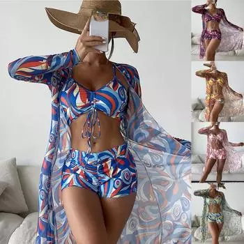 2023 Разделенный купальник из трех частей, женские боксеры с высокой талией, бикини с длинными рукавами S