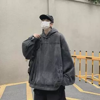 2023 Ретро-джинсовая куртка с капюшоном из выстиранного денима - унисекс в уличном стиле Triple Extra Large серый