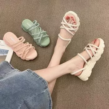 2023 сандалии, женские летние сандалии с квадратным носком и ремешком на щиколотке, женская обувь на платформе, танкетке, повседневные нескользящие женские гладиаторы в римском стиле 35 розовый