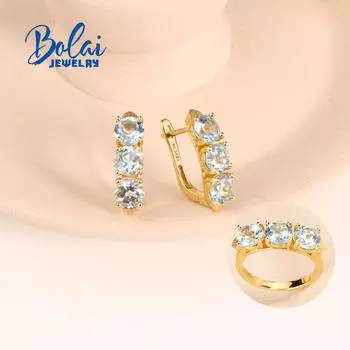 2023 Сердце стерлингового серебра 925 пробы Комплект ювелирных изделий Натуральный синий топаз Круглые серьги с застежкой 6 мм Кольца Классический дизайн для женщин подарок жене us ring size 6# синий