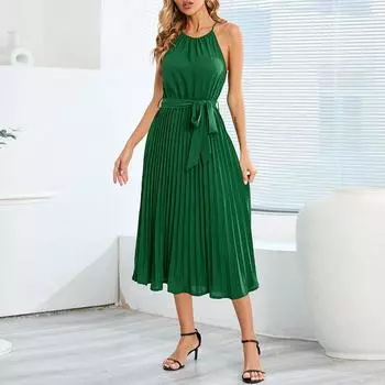 2023 сексуальное плиссированное длинное платье без рукавов для офиса, свободное однотонное платье-комбинация с U-образным вырезом для женщин, летнее модное женское платье 25263 S чёрный